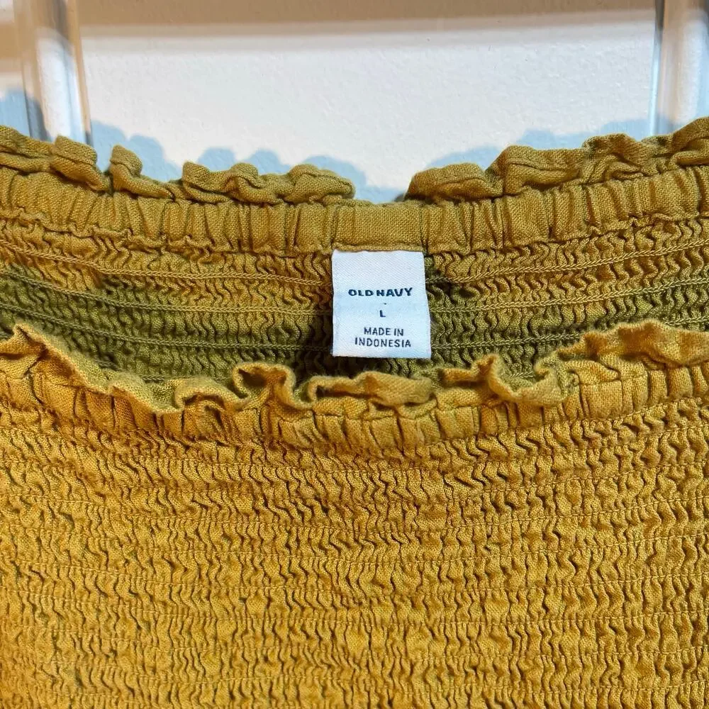 Old Navy Puff Sleeve Smocked Peplum Blouse Mustard Yellow Linen Women's Large